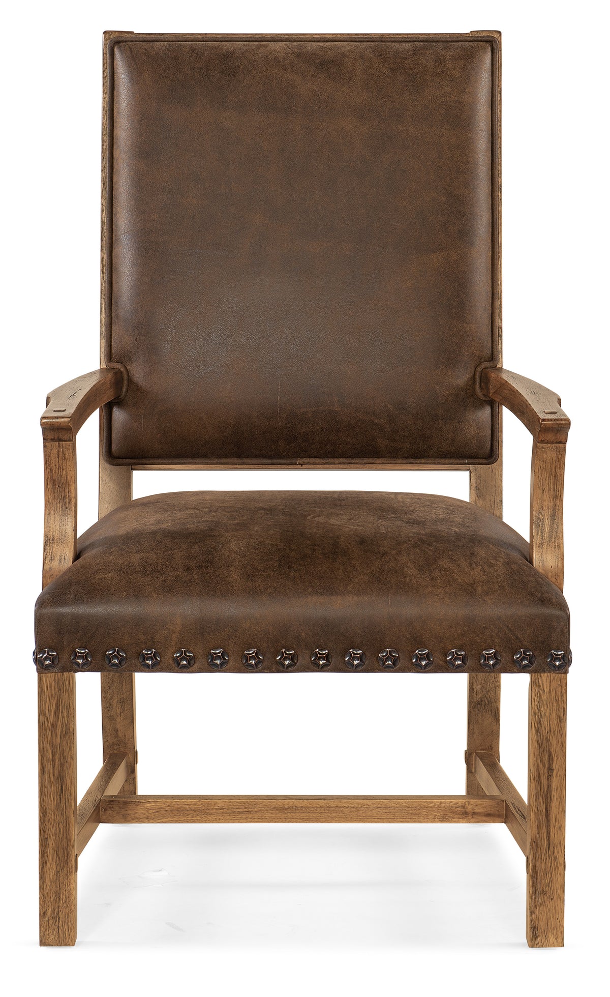a brown leather chair with wooden frame