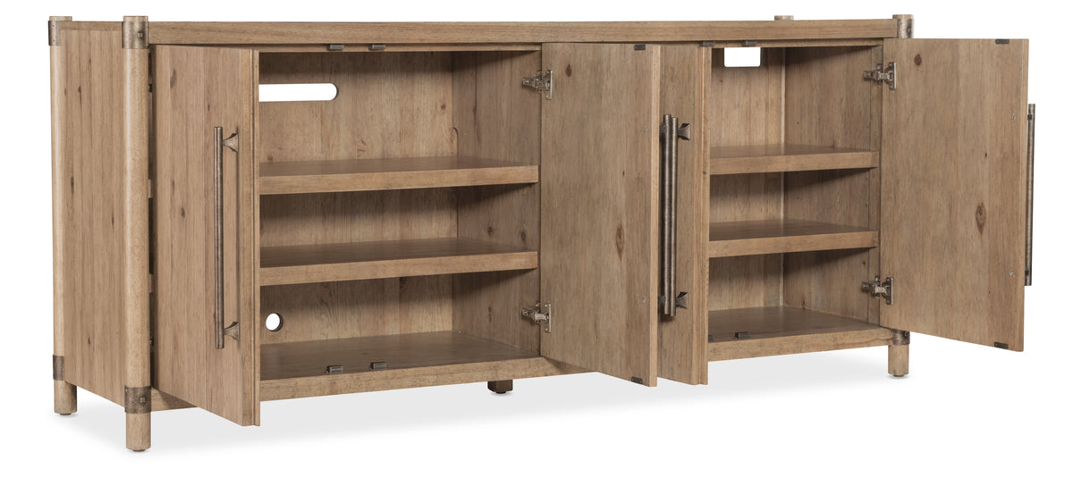 a wooden cabinet with open shelves