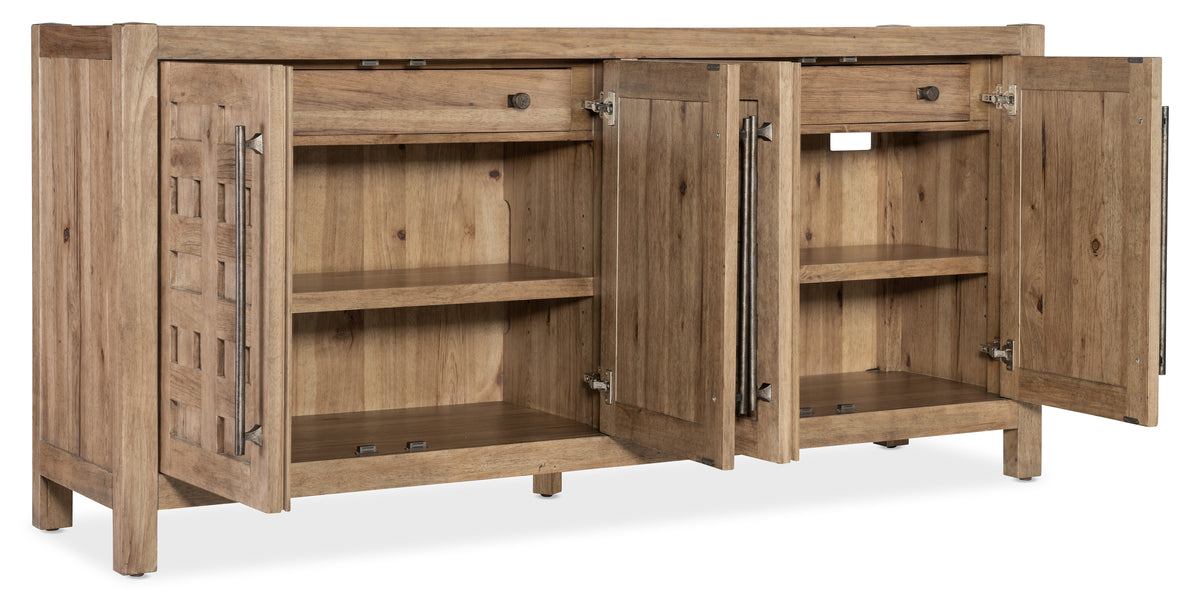 a wooden cabinet with open doors