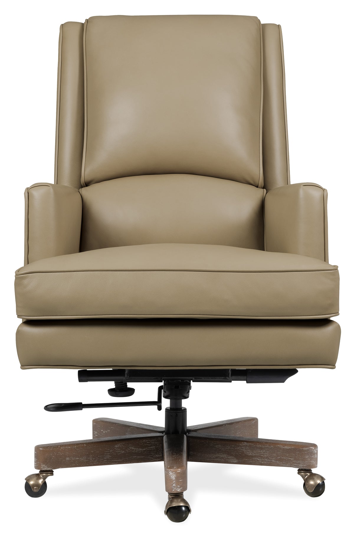 a tan leather chair with black base
