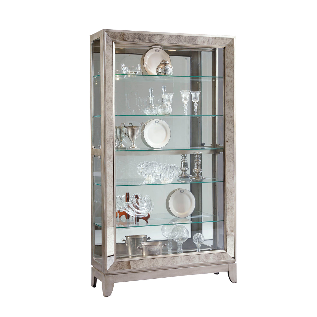 a glass cabinet with plates and glasses