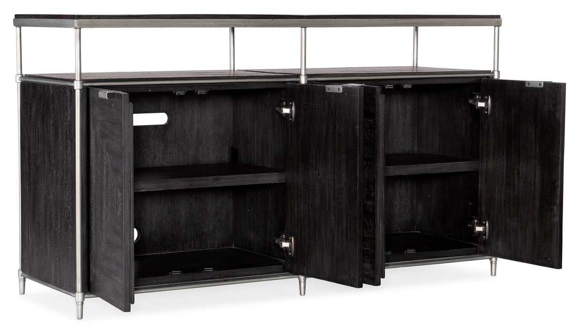 a black cabinet with open doors