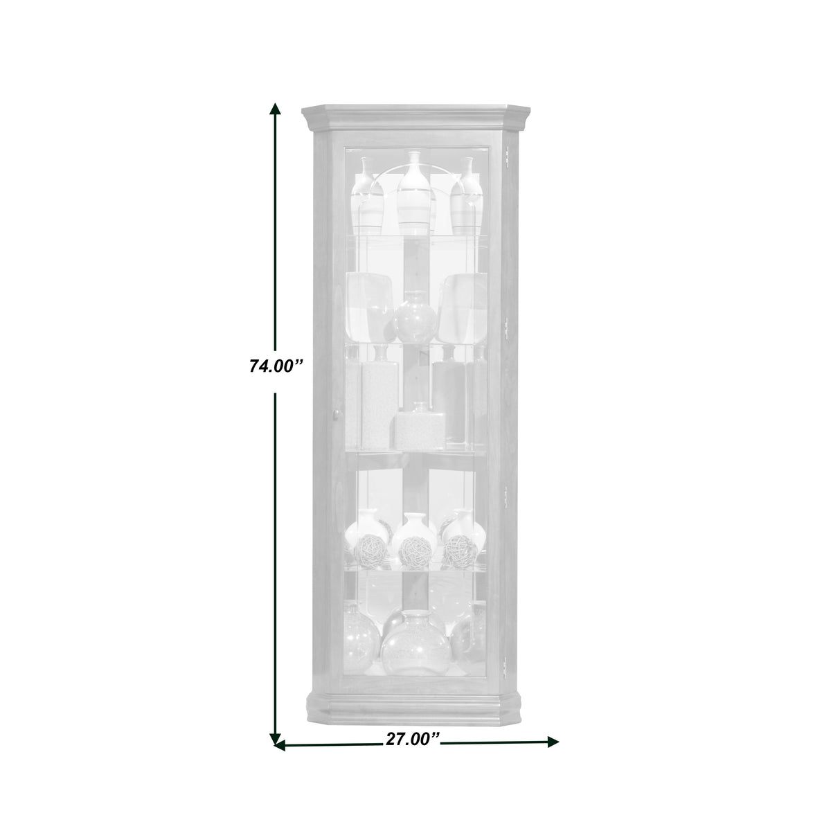 a tall white cabinet with glass shelves and a size chart