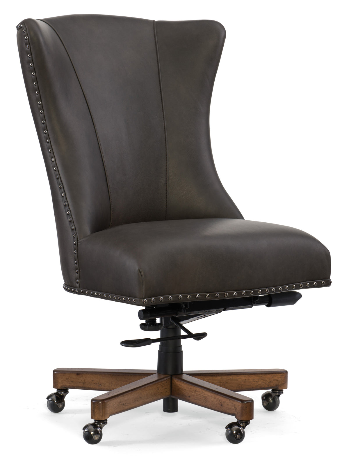 a brown leather chair with wheels