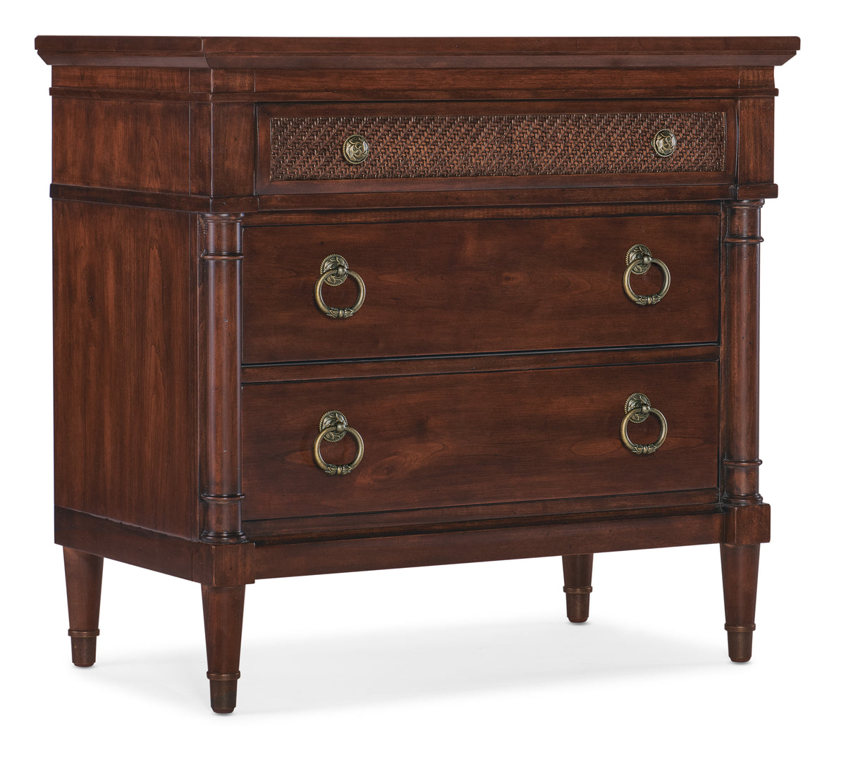 a brown dresser with gold handles