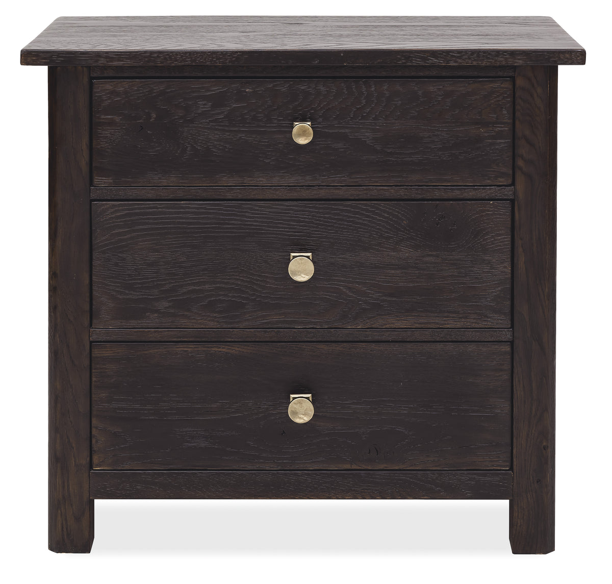 a dark wood nightstand with three drawers