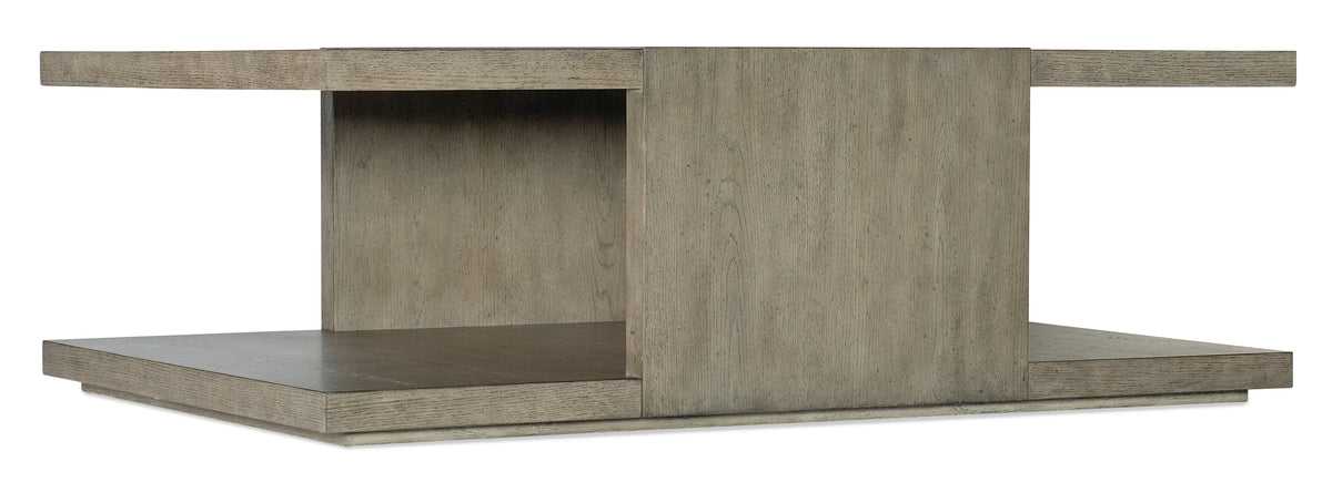a wooden shelf with a hole
