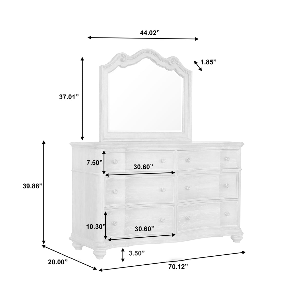 a white dresser with a mirror and a mirror