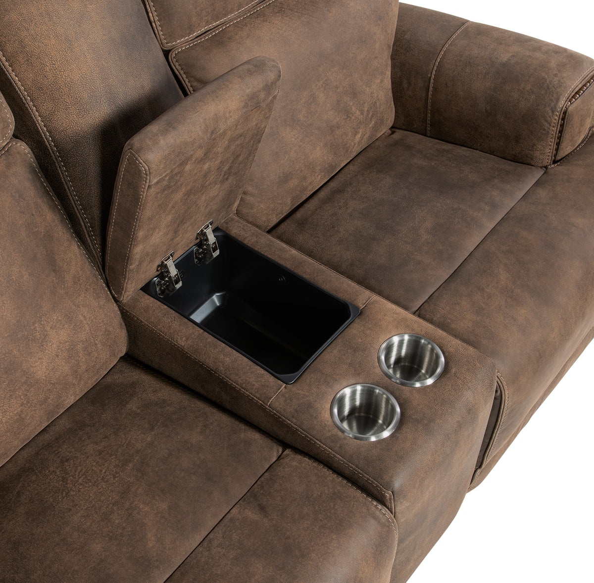 a brown couch with a cup holder