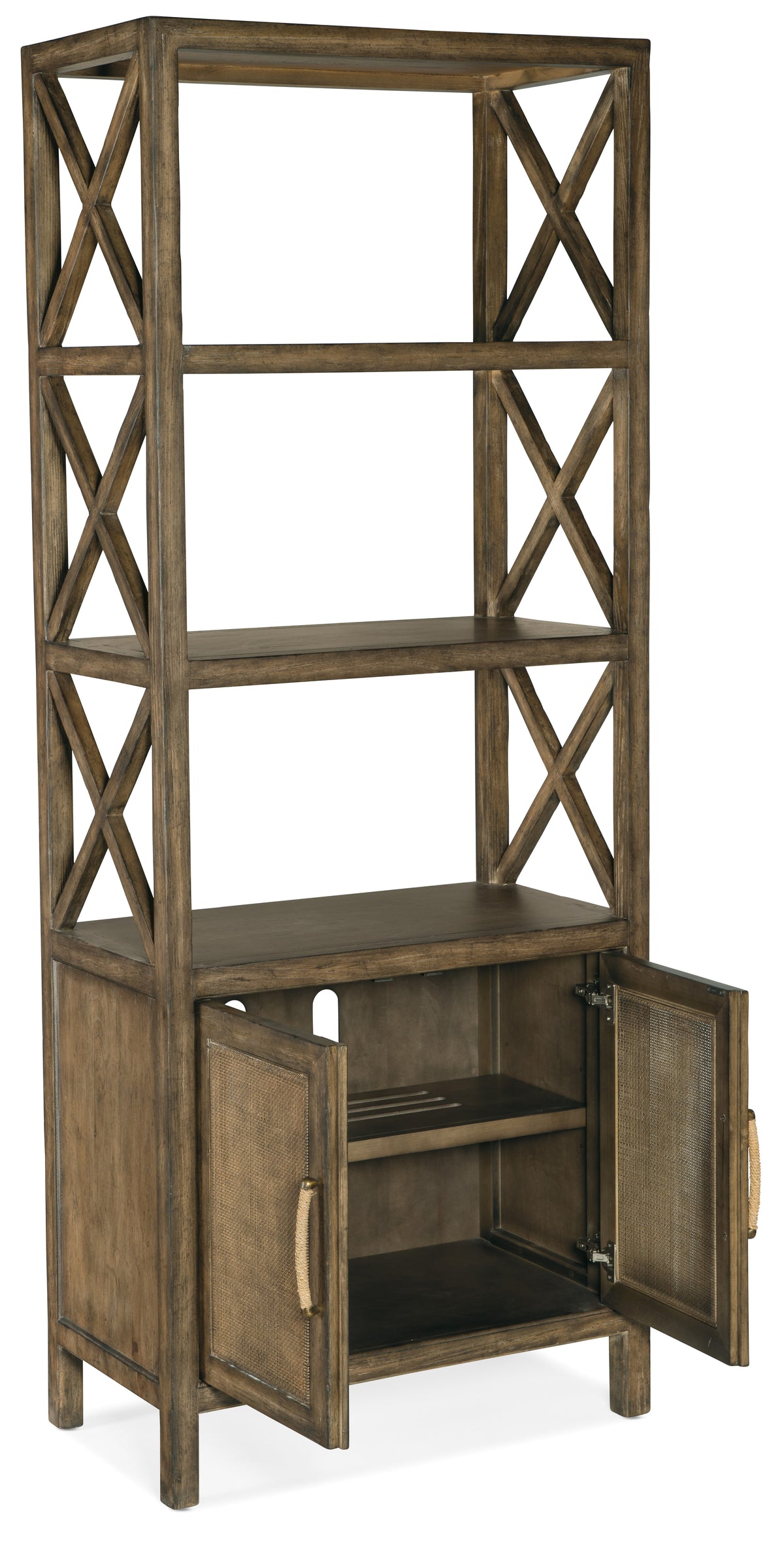 a wood shelf with a wicker door