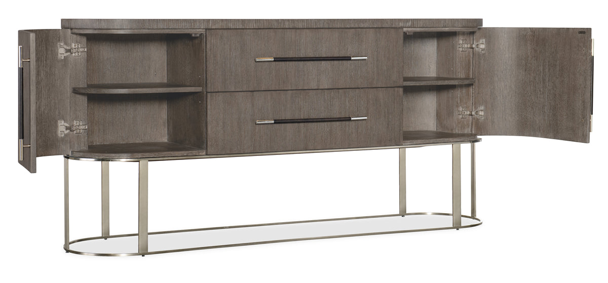 a brown dresser with shelves