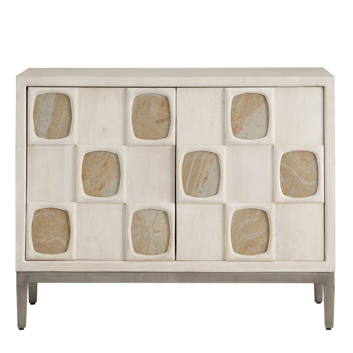 a white cabinet with brown and white squares