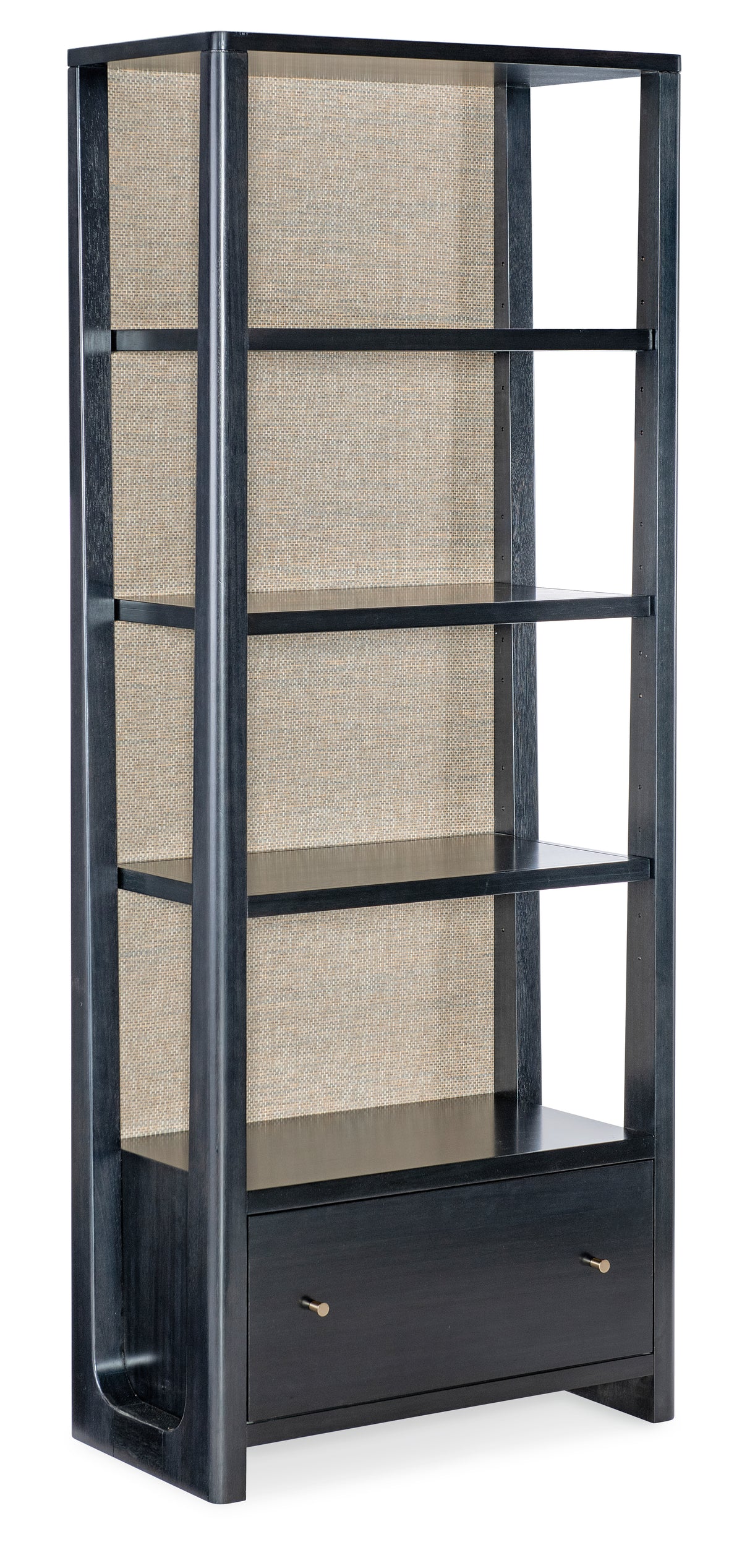 a black bookcase with a mesh cover