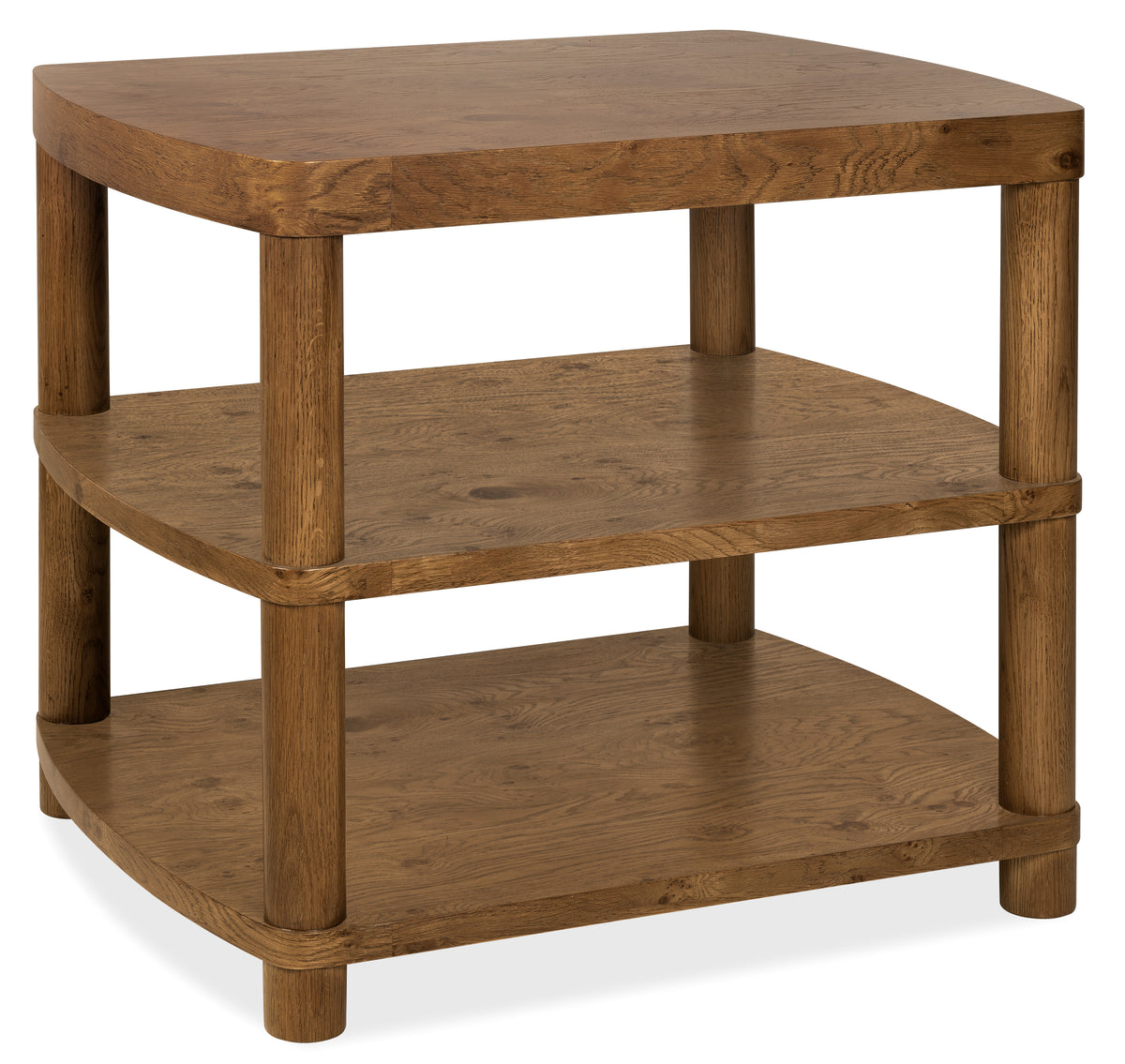 a brown wood table with shelves