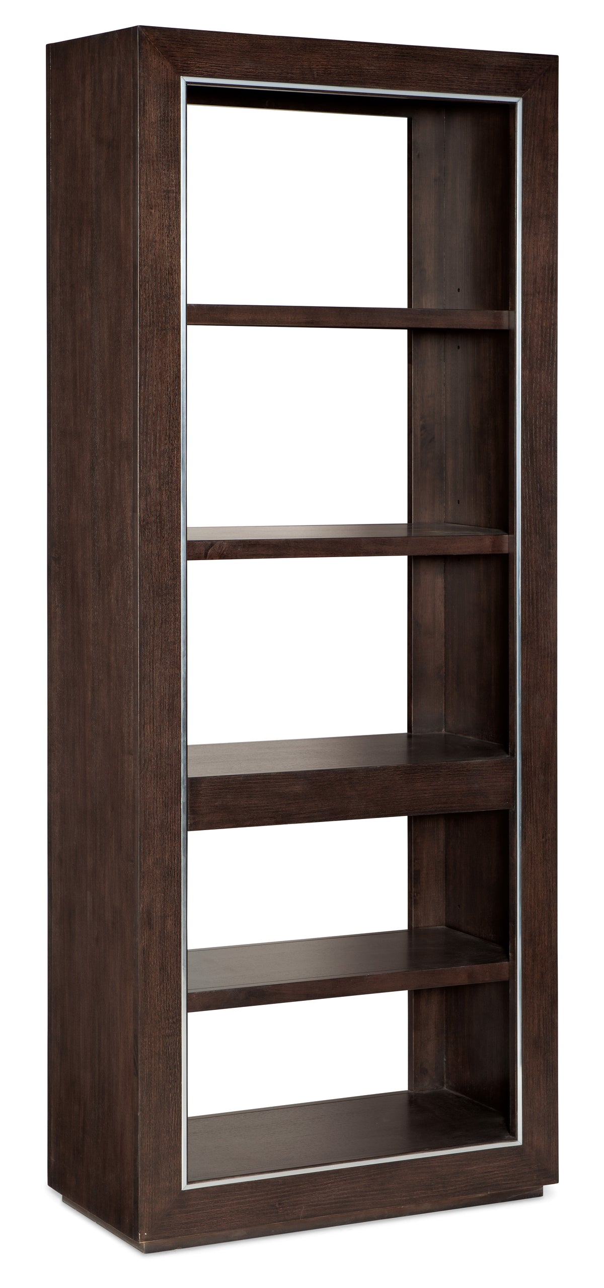 a brown wood shelf with metal trim