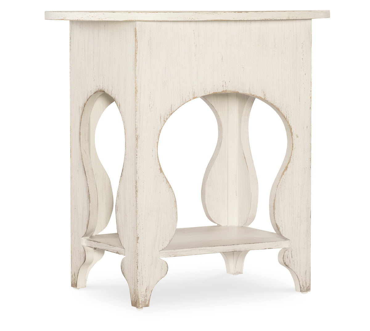 a white table with a shelf
