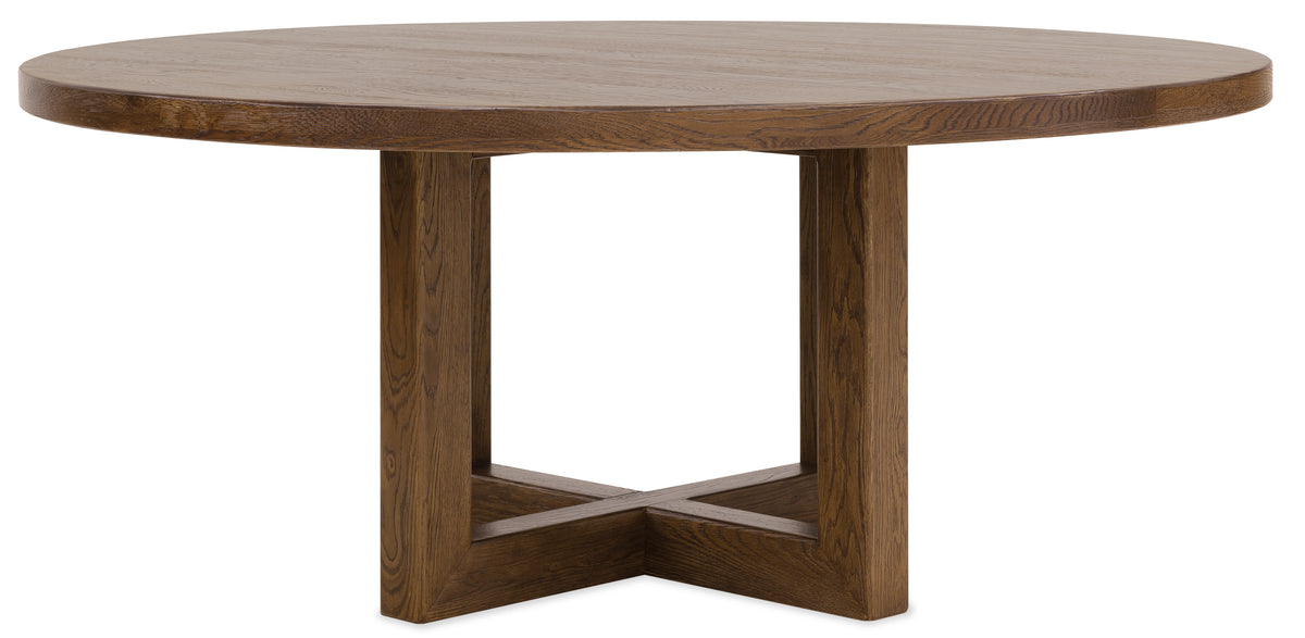a round wooden table with a cross base