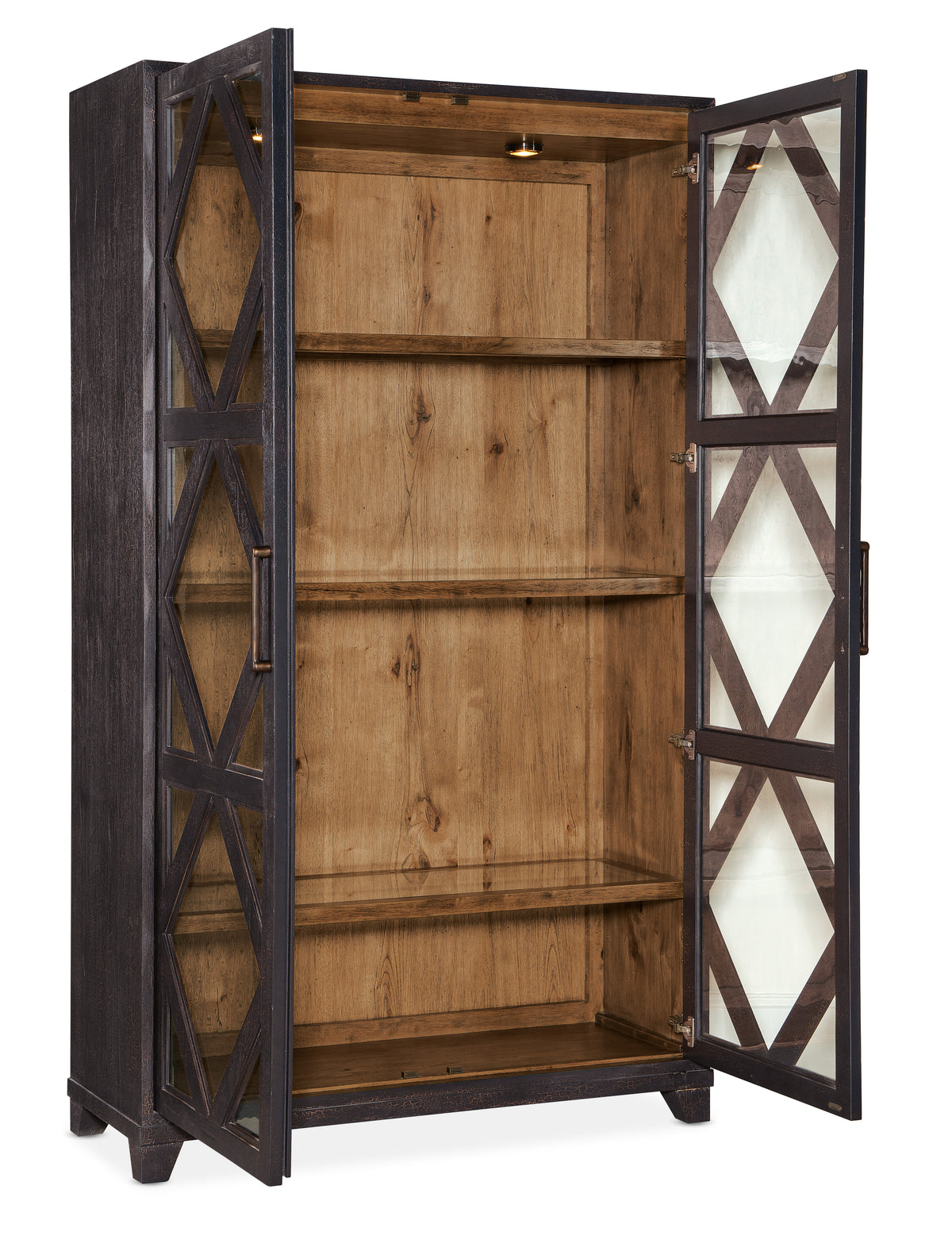 a wooden cabinet with a light