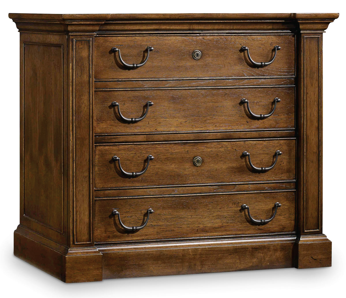 a wooden dresser with metal handles