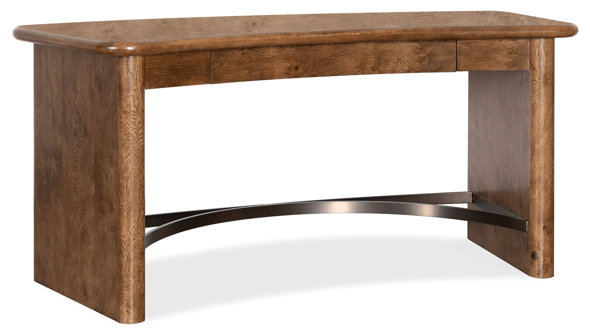 a wooden table with a metal base
