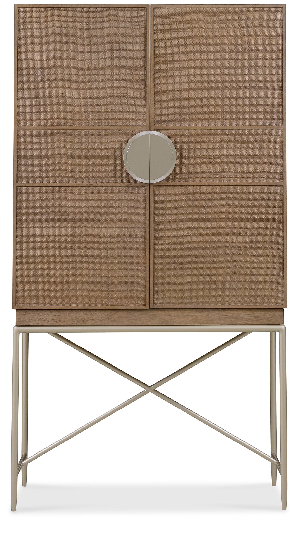 a brown cabinet with a round silver circle on top
