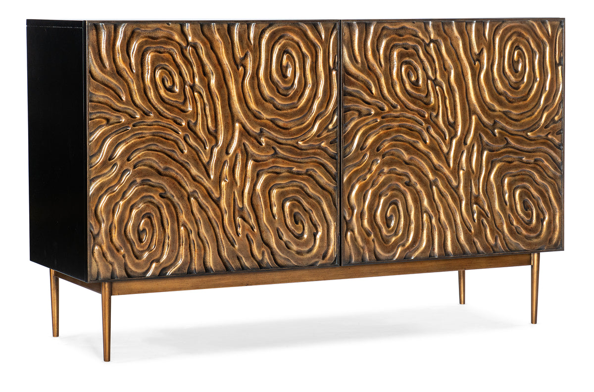 a brown cabinet with a swirl pattern