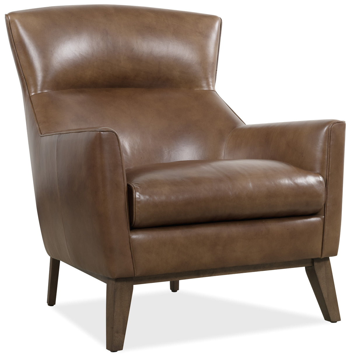 a brown leather chair with wooden legs