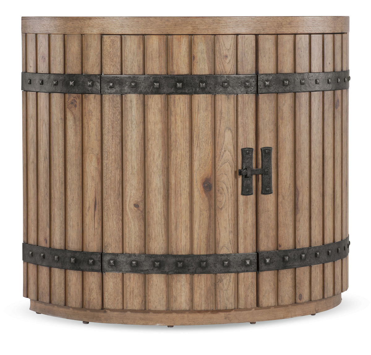 a wooden barrel with metal straps
