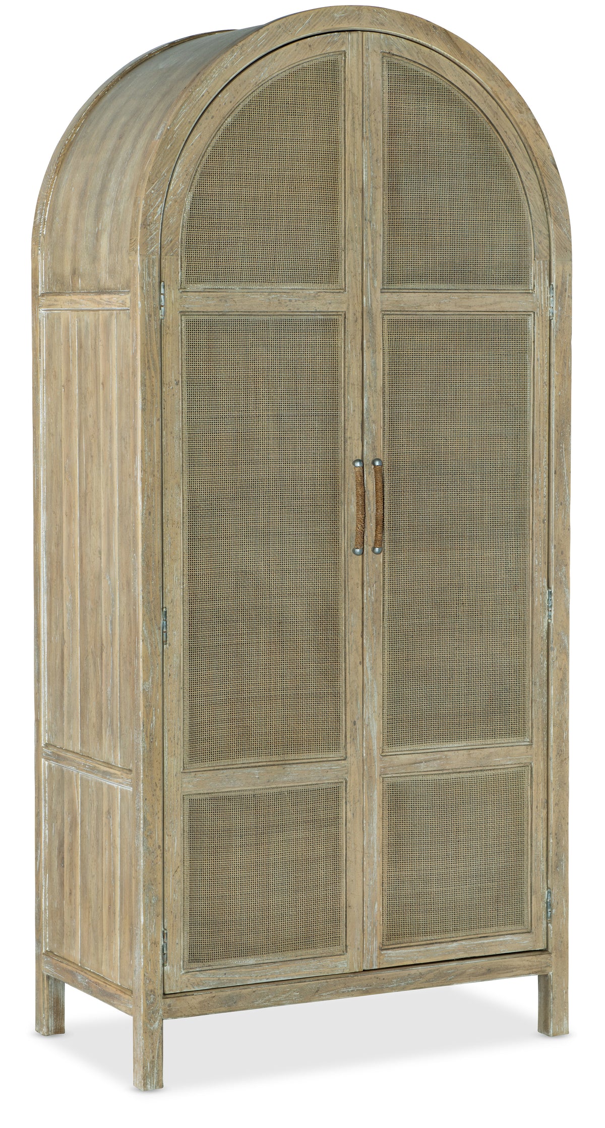 a wooden cabinet with a wicker door