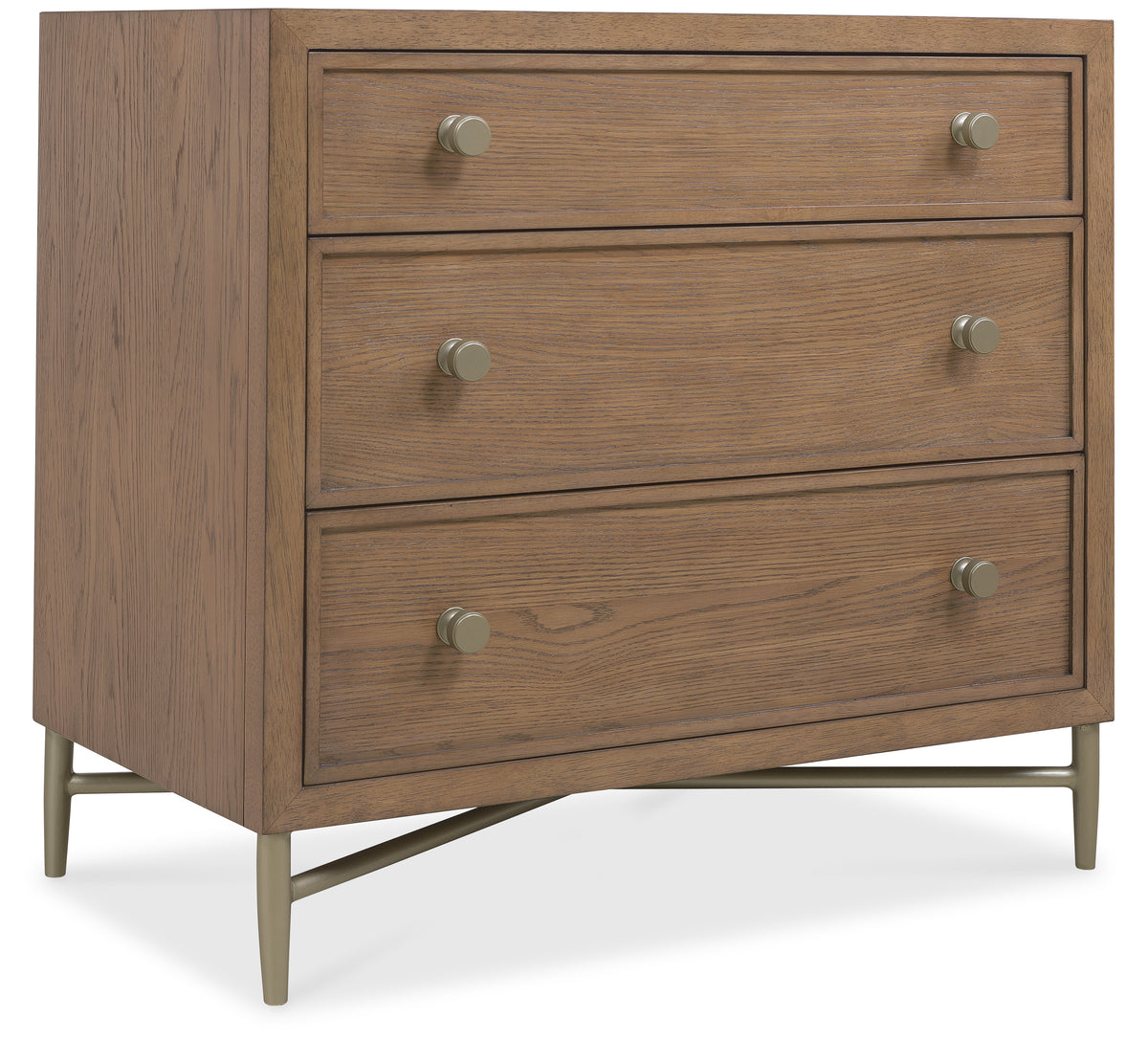 a brown dresser with silver knobs