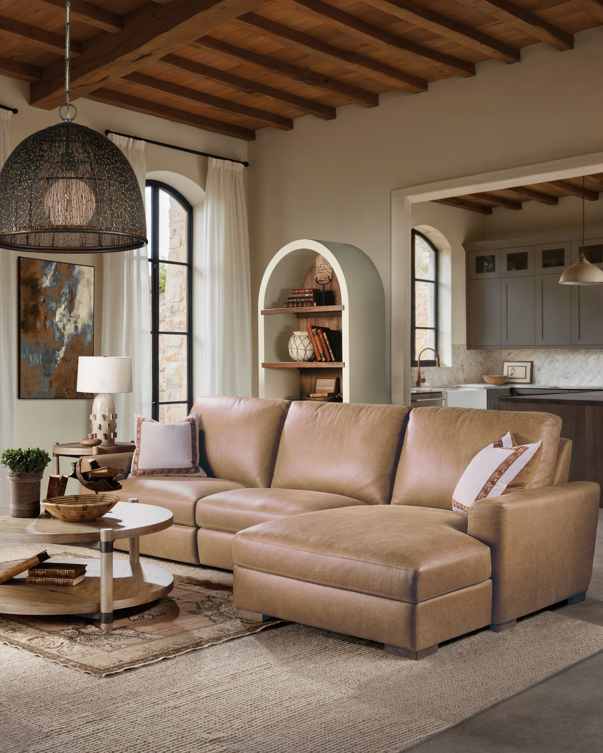 a living room with a couch and a table