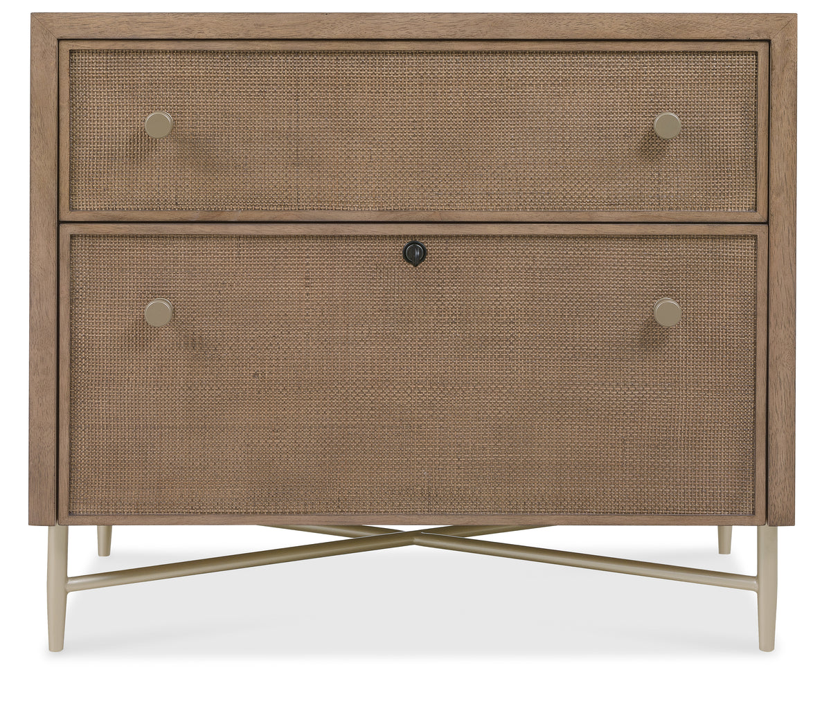 a brown dresser with metal handles