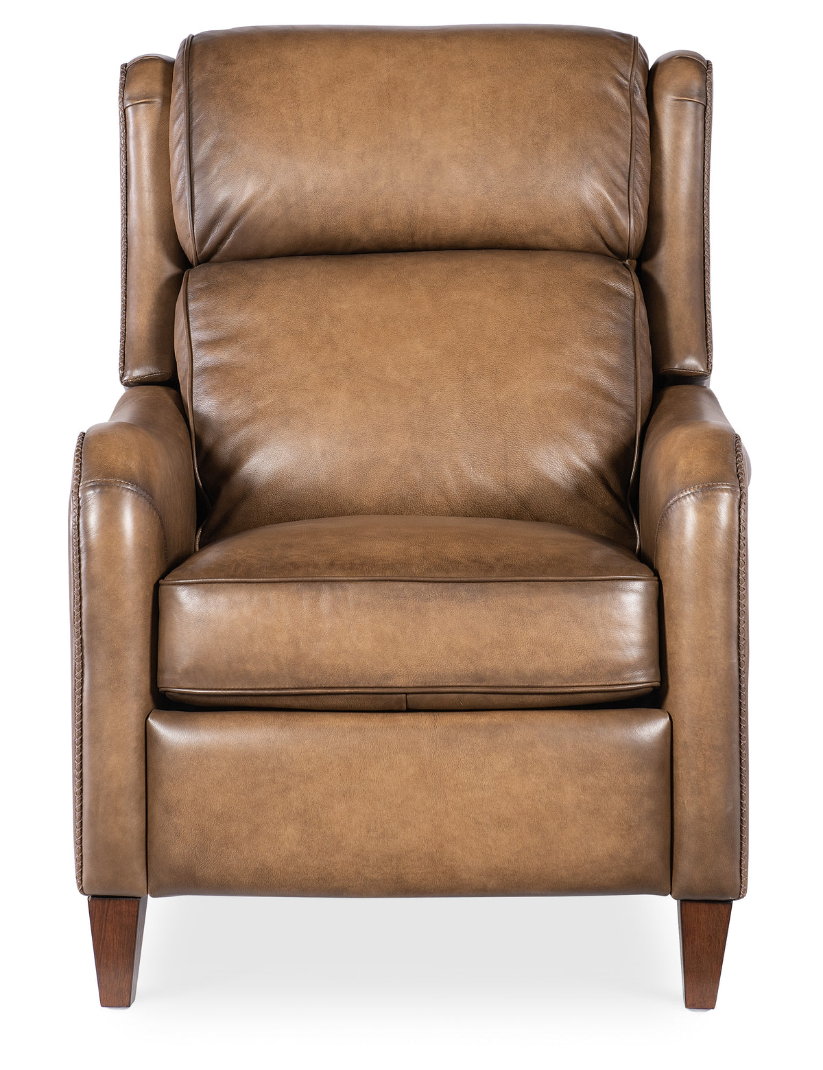 a brown leather chair with wooden legs
