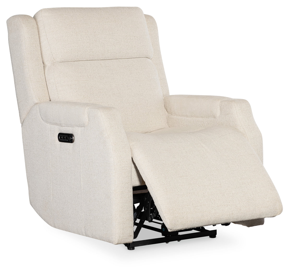 a white recliner with a black base