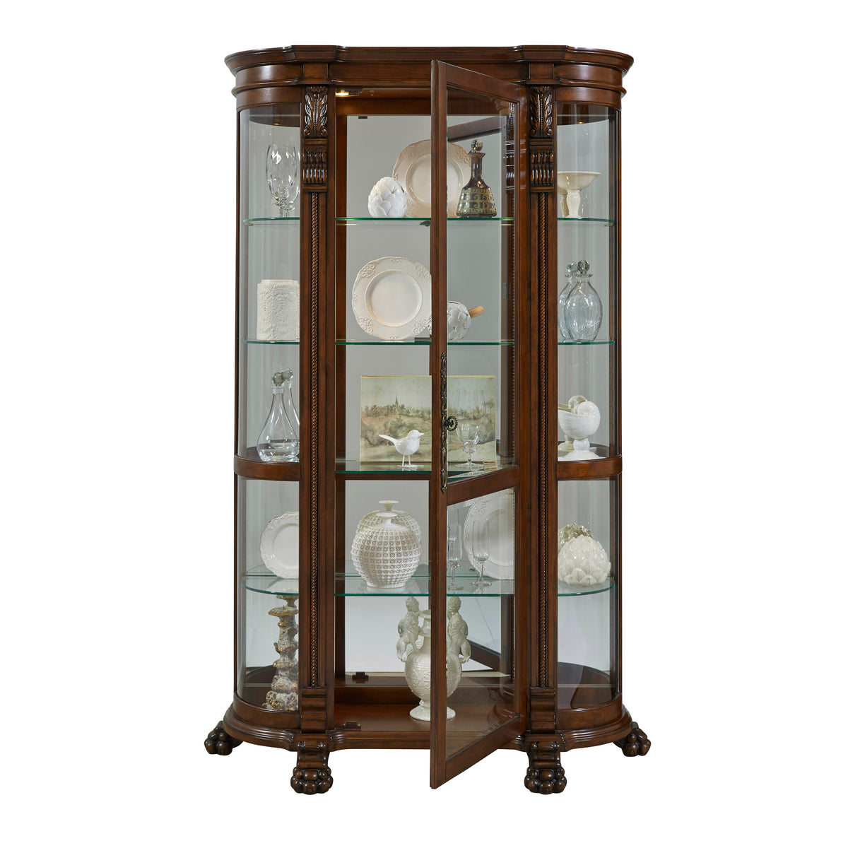 a glass cabinet with a door open
