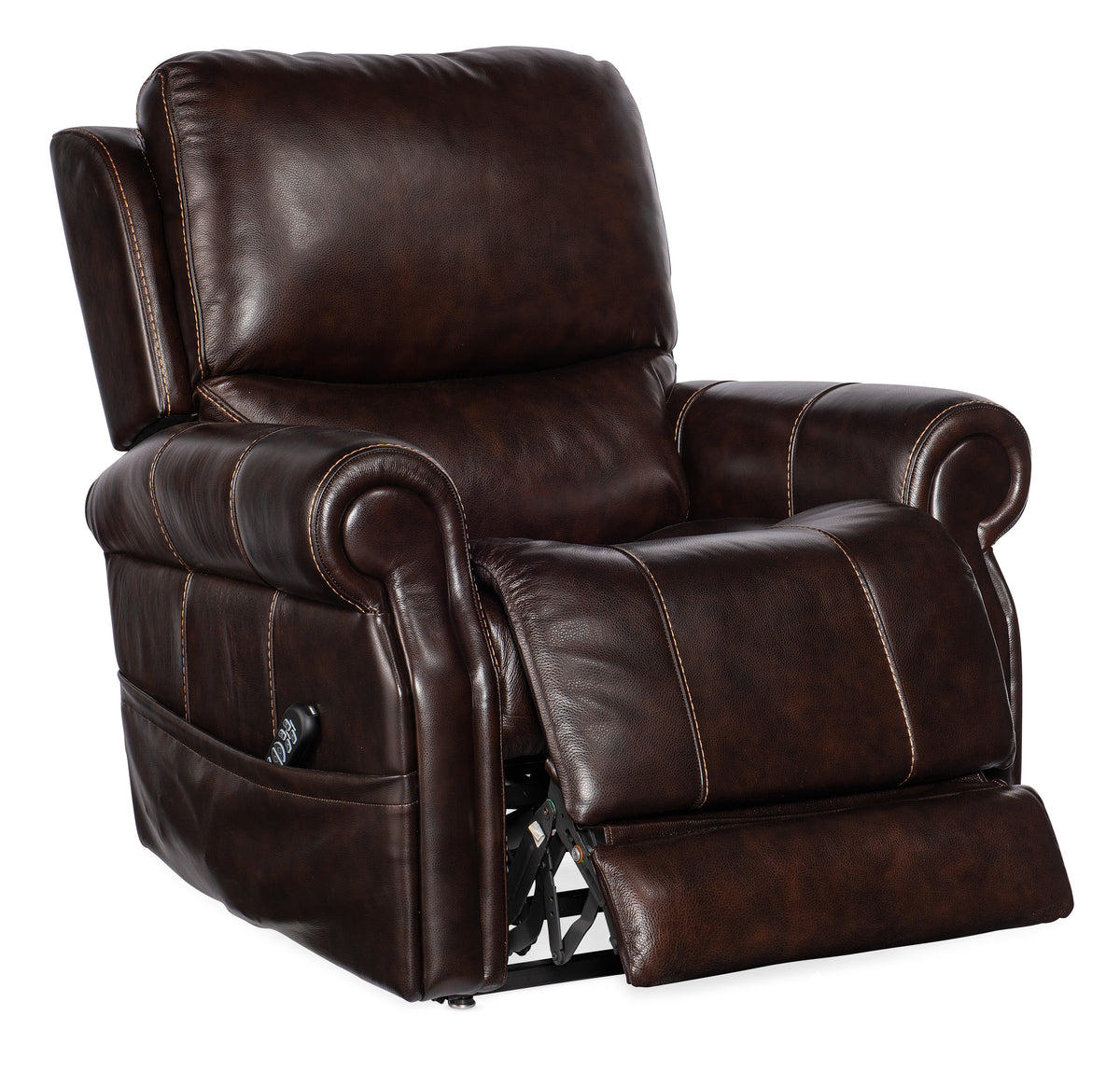a brown leather recliner with a white background