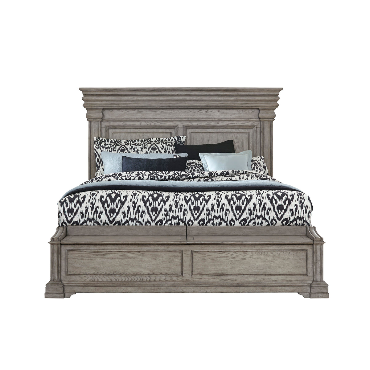 a bed with a wooden headboard