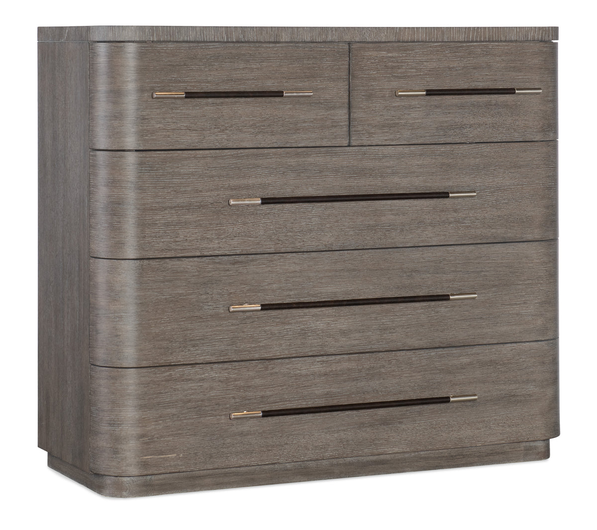 a brown dresser with black handles