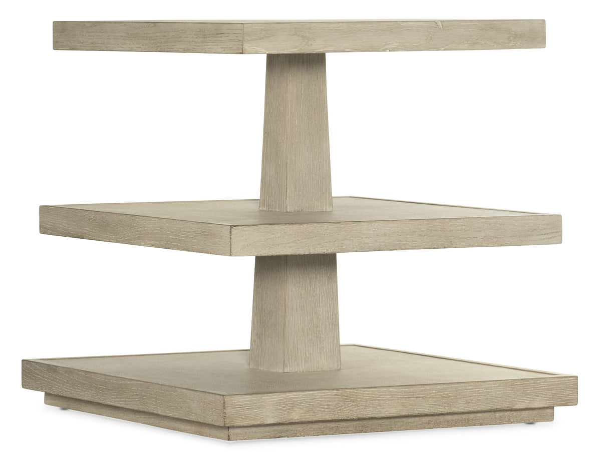 a white wood shelf with a round top