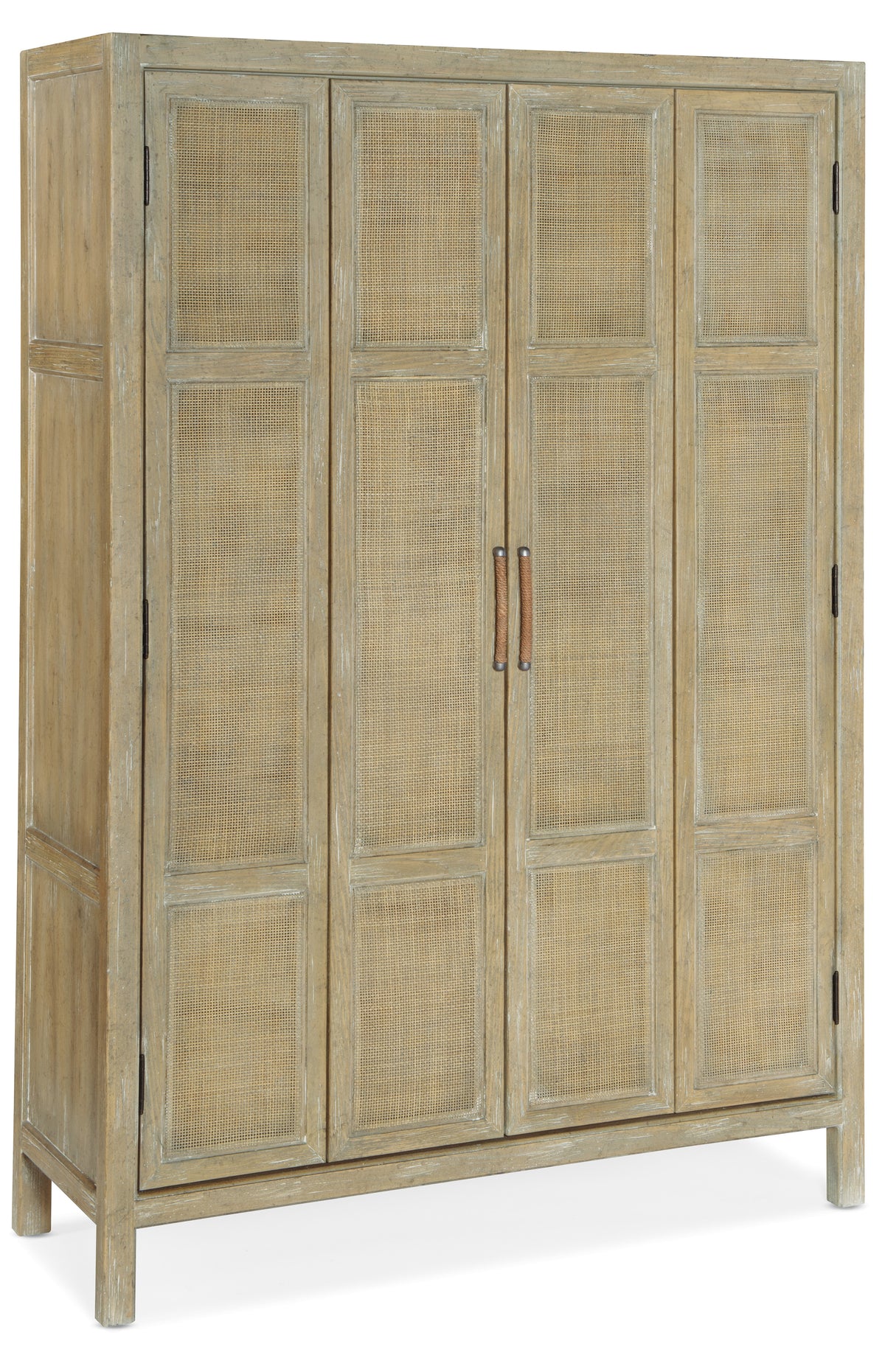 a wooden cabinet with a wicker door