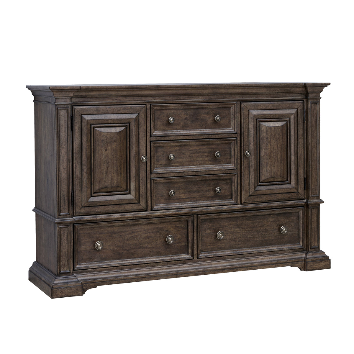 a brown dresser with drawers