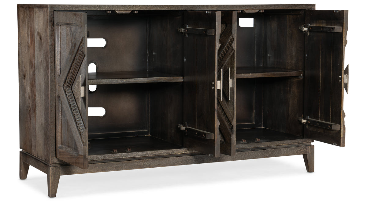 a wooden cabinet with open shelves
