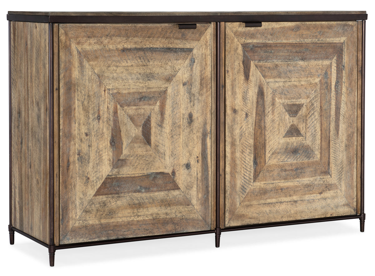 a wood cabinet with metal frame
