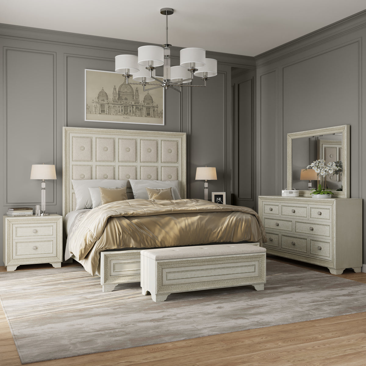 a bedroom with a bed and dressers