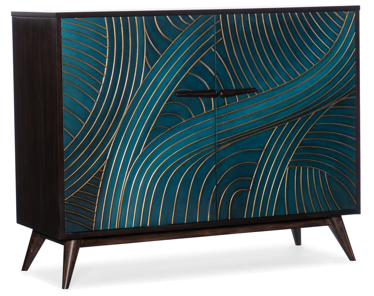 a blue and gold cabinet