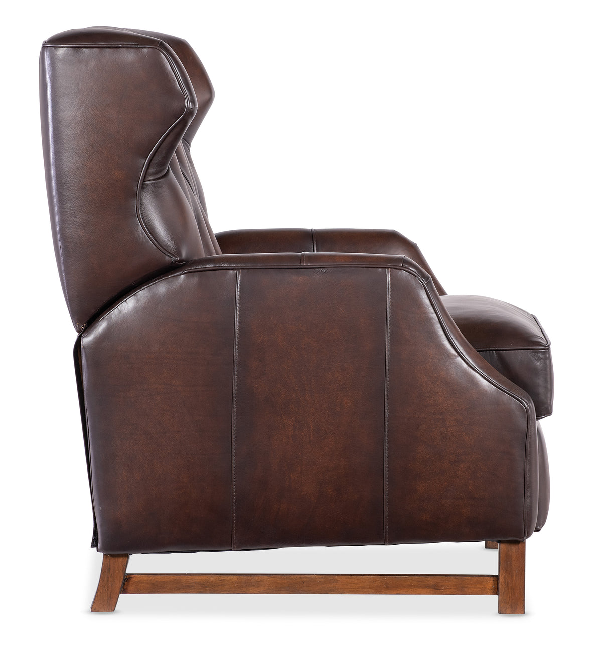 a brown leather chair with wooden legs