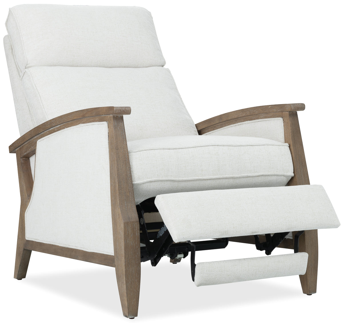 a white recliner with wooden frame