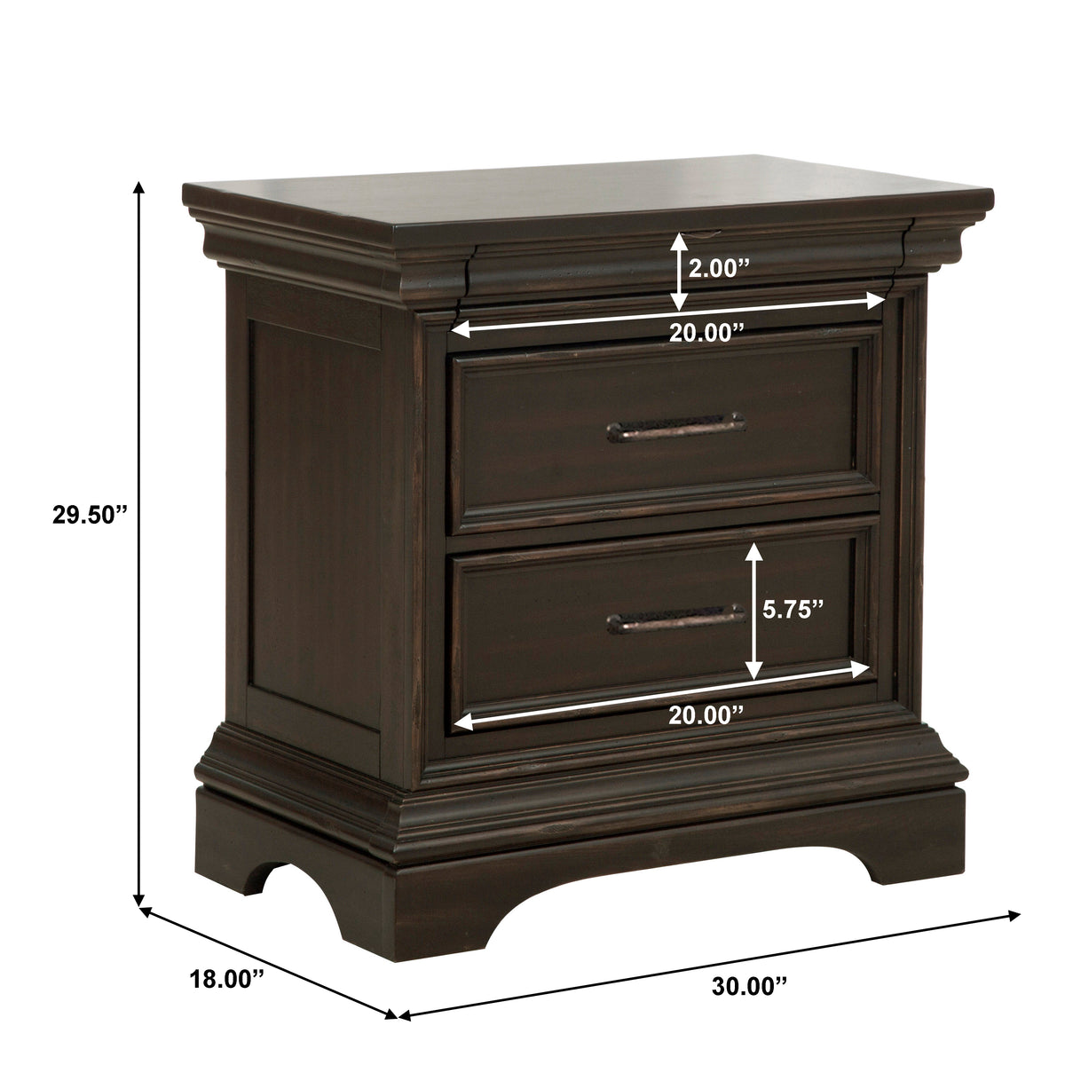 a dark brown dresser with sizes and measurements