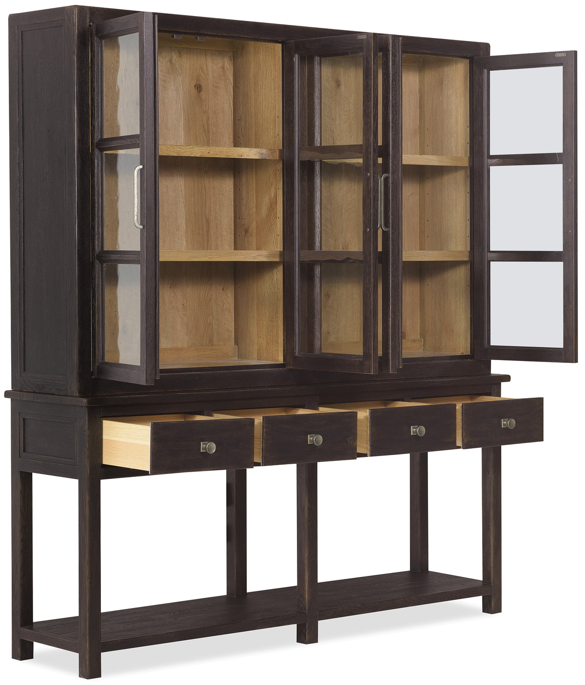 a black cabinet with glass doors