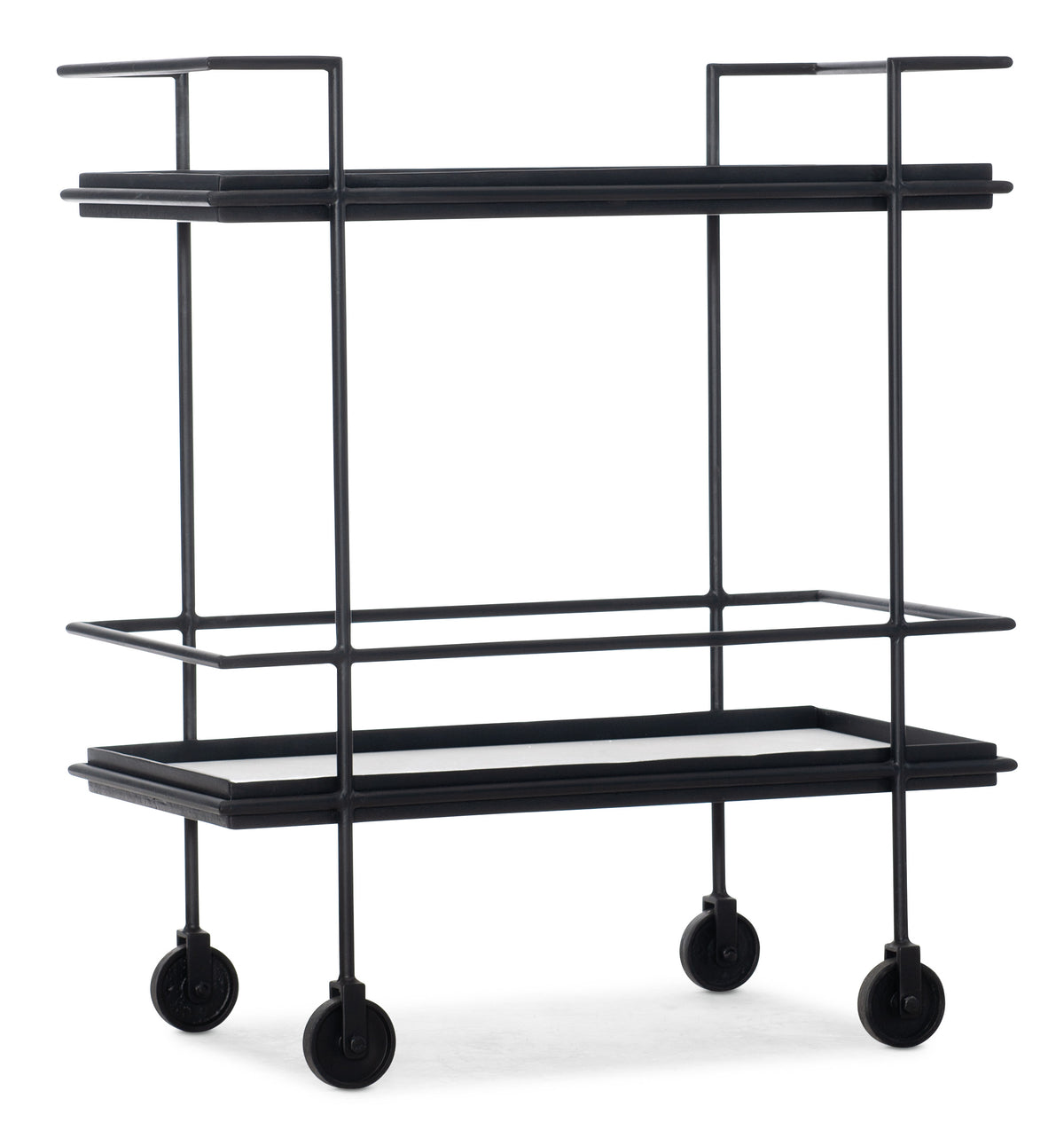 a black metal cart with wheels